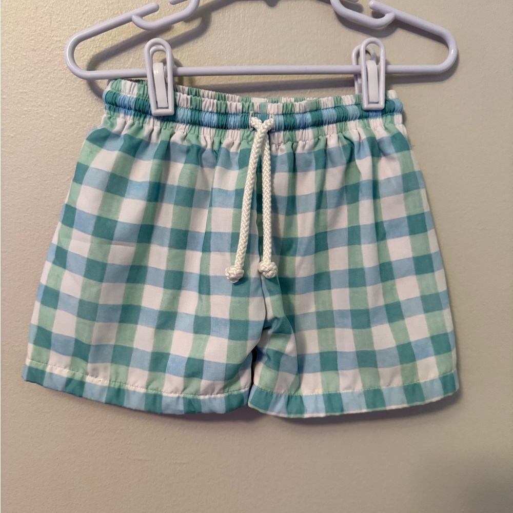 Busy Bees Smocks Green and White Checkered Swim Trunks